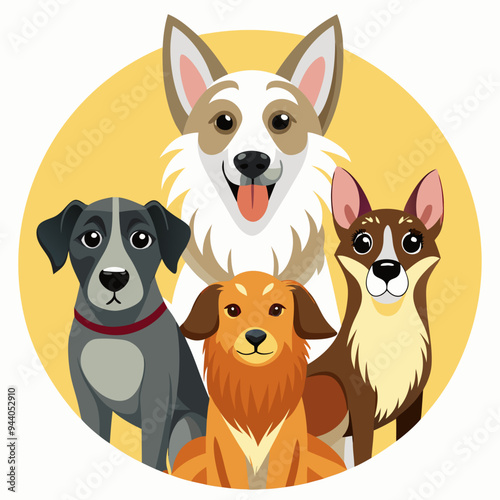 Four Cartoon Dogs Posing Together in a Circle