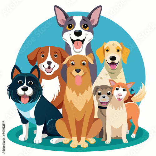 Group of Six Cartoon Dogs Sitting Together