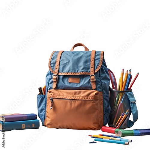 A colorful classroom scene with a backpack, pencils, and notebooks on a desk, ready for the first day back to school. The chalkboard in the background is filled with writing. 