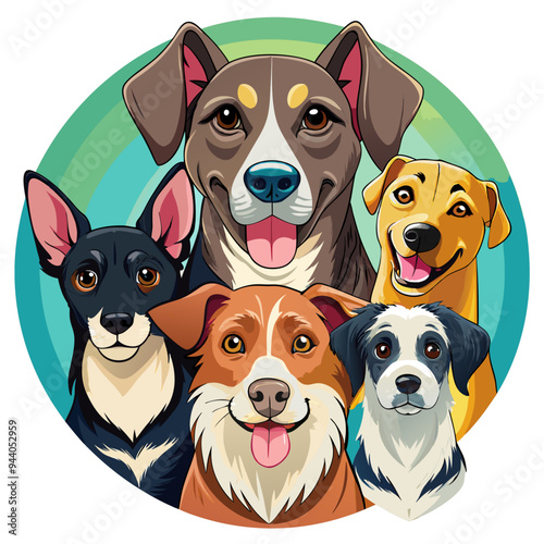 Five Happy Dogs Looking at the Viewer in a Circle