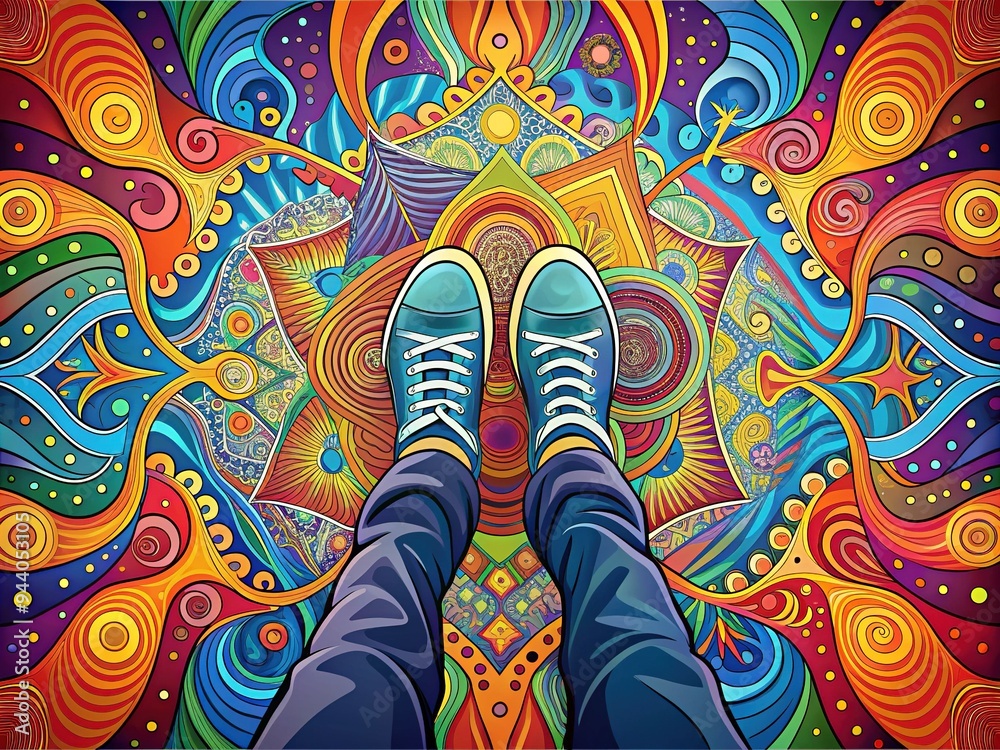 Obraz premium Colorful, abstract vector illustration of a pair of feet standing on a bright, swirly background with geometric shapes and patterns, conveying energy and creativity.