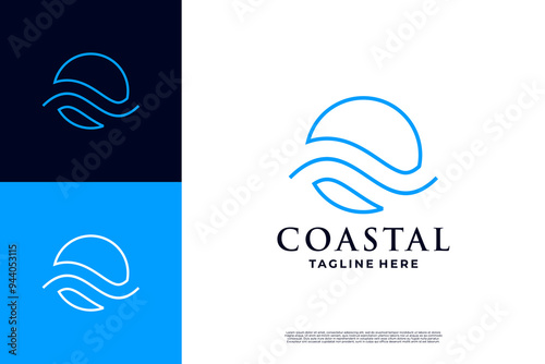 Coastal sun wave logo design line art style