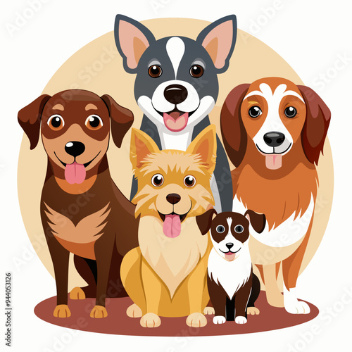 Five Smiling Dogs Sitting Together on a Brown Background