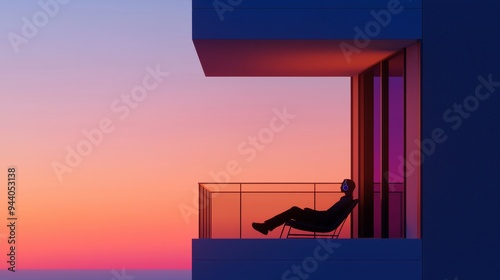 A serene scene of a home balcony with soft lighting, where a person relaxes in a chair, headphones on, lost in lo-fi music