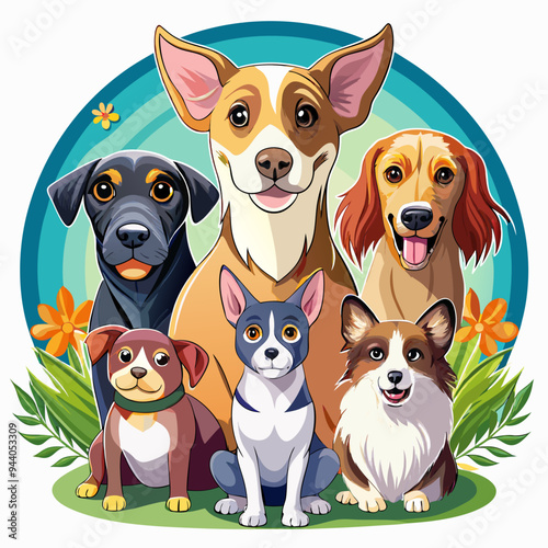 Six Cartoon Dogs Sitting Together in a Garden