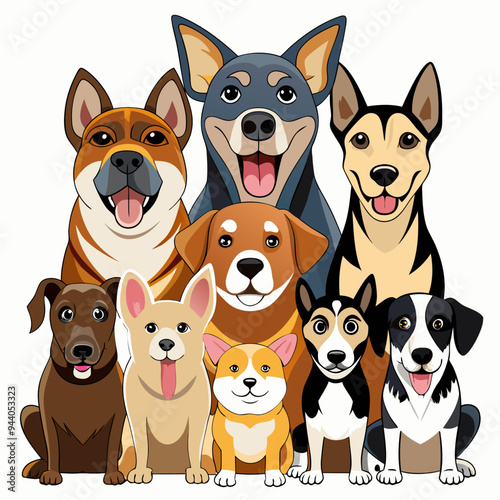 A Group of Eight Diverse Dogs Sitting Together