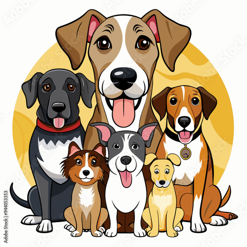 Six Cartoon Dogs Posing Together in Front of a Yellow Circle