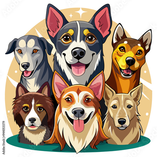 Six Smiling Dogs with Different Fur Colors