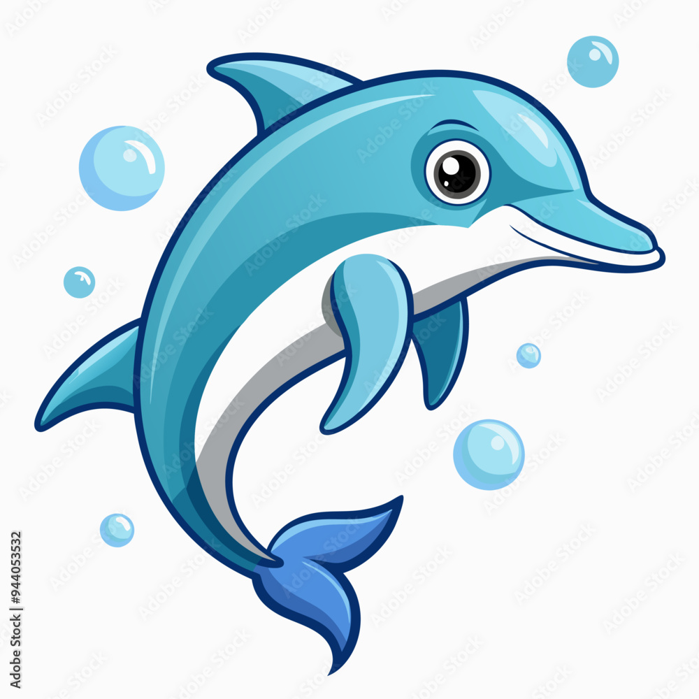 Obraz premium Cartoon Dolphin Jumping with Bubbles in White Background