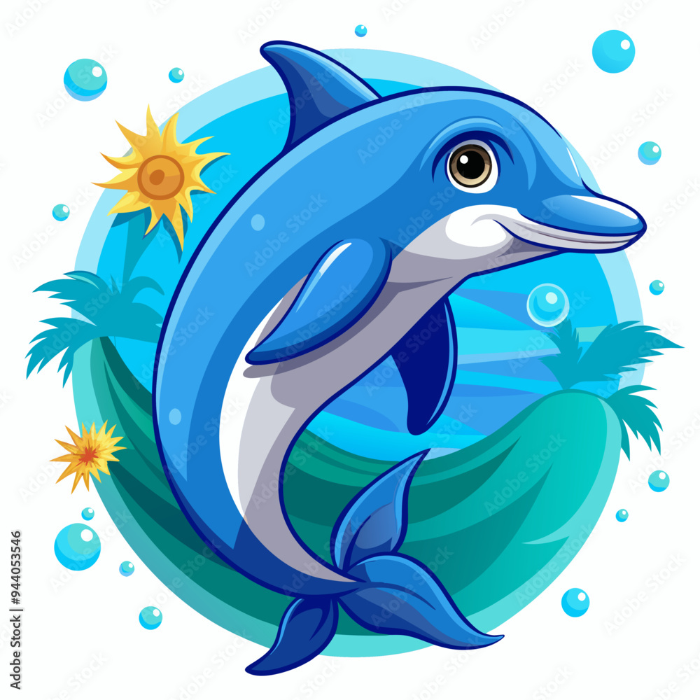 Obraz premium A Cartoon Blue Dolphin Leaping Out of the Water