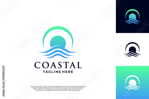 Coastal sun wave logo design line art style