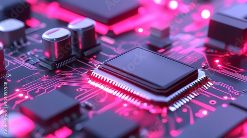 Close-up view of a circuit board showcasing vibrant pink lighting and intricate electronic components, highlighting technology and innovation.