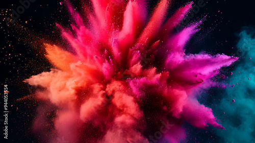 A vibrant explosion of red, pink, and blue powder against a black background. photo