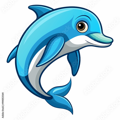 Cartoon illustration of a blue dolphin with a white belly and a black outline jumping out of the water