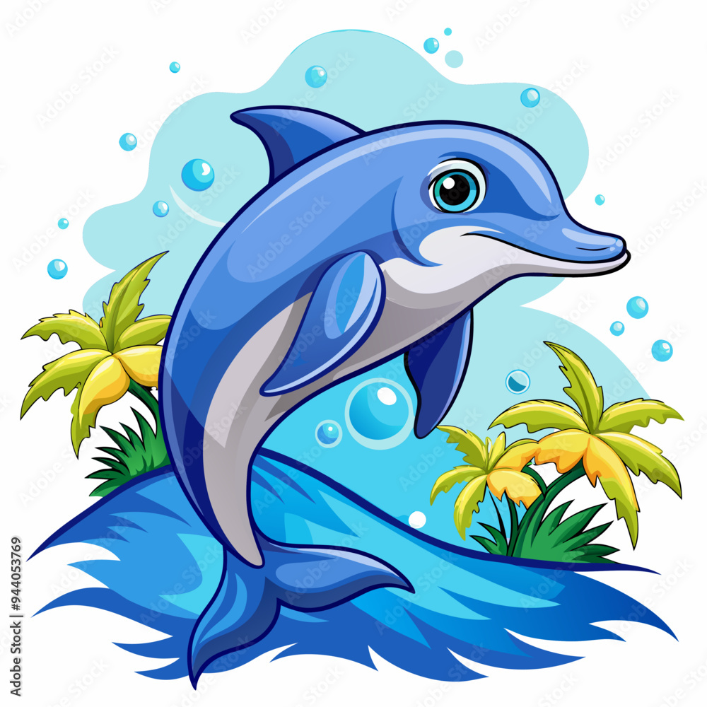Fototapeta premium A Cartoon Dolphin Leaping Out of the Water with Palm Trees