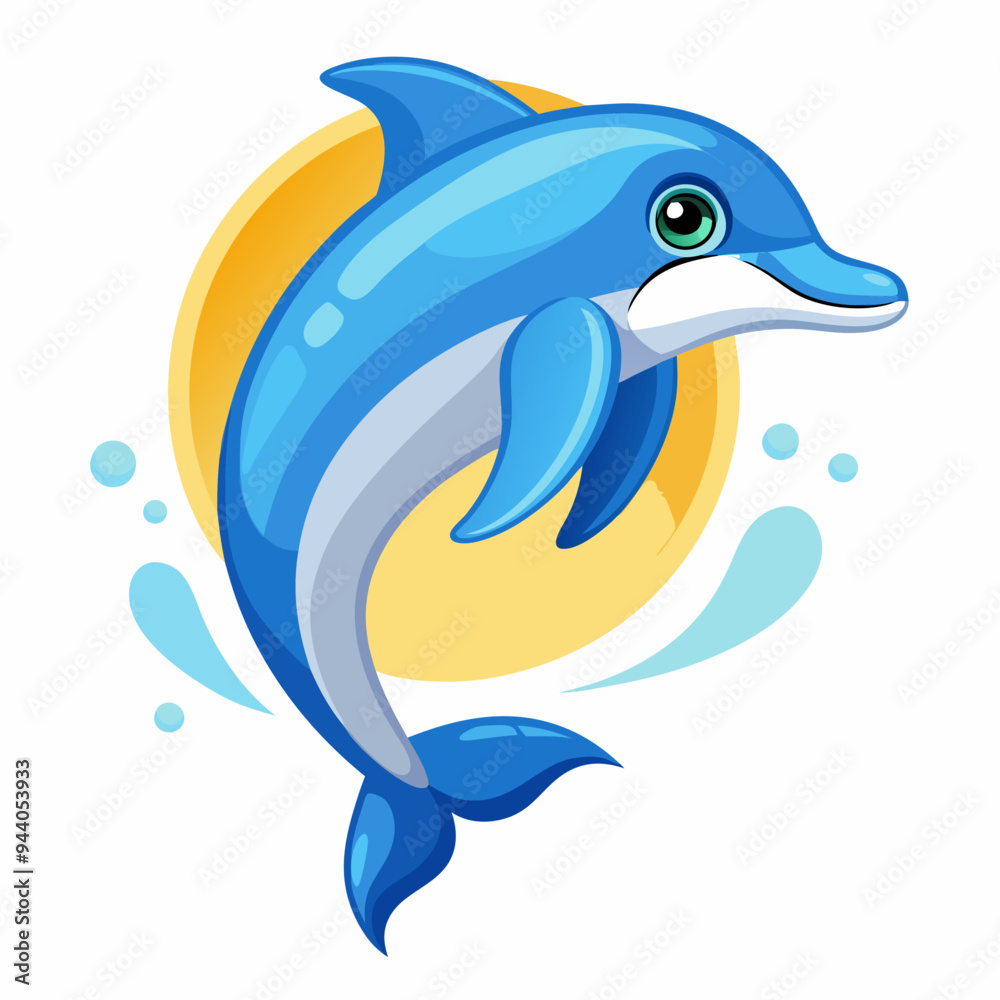 Fototapeta premium A Cartoon Blue Dolphin Jumping Over a Yellow Circle with Water Splashes