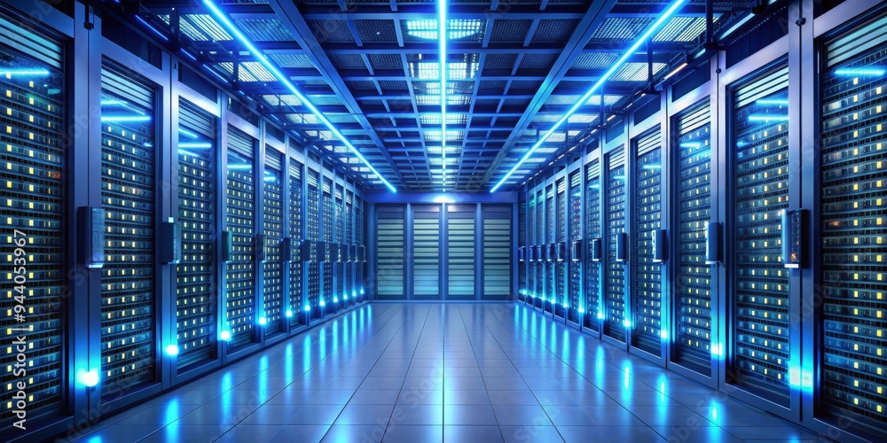 Server Room Perspective - 3D Render - Blue Lights, Metal Grid Ceiling, Row of Servers - Digital Network Infrastructure