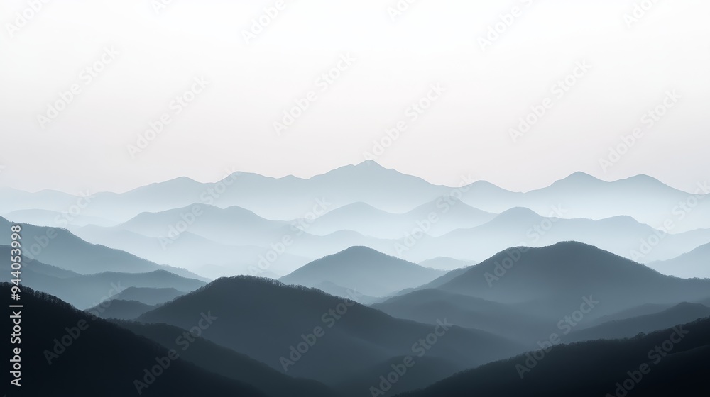 Serene view of layered mountains shrouded in mist, creating a tranquil and atmospheric landscape perfect for nature lovers. Serene view of layered mountains shrouded in mist, creating a tranquil and atmospheric landscape perfect for nature lovers.
