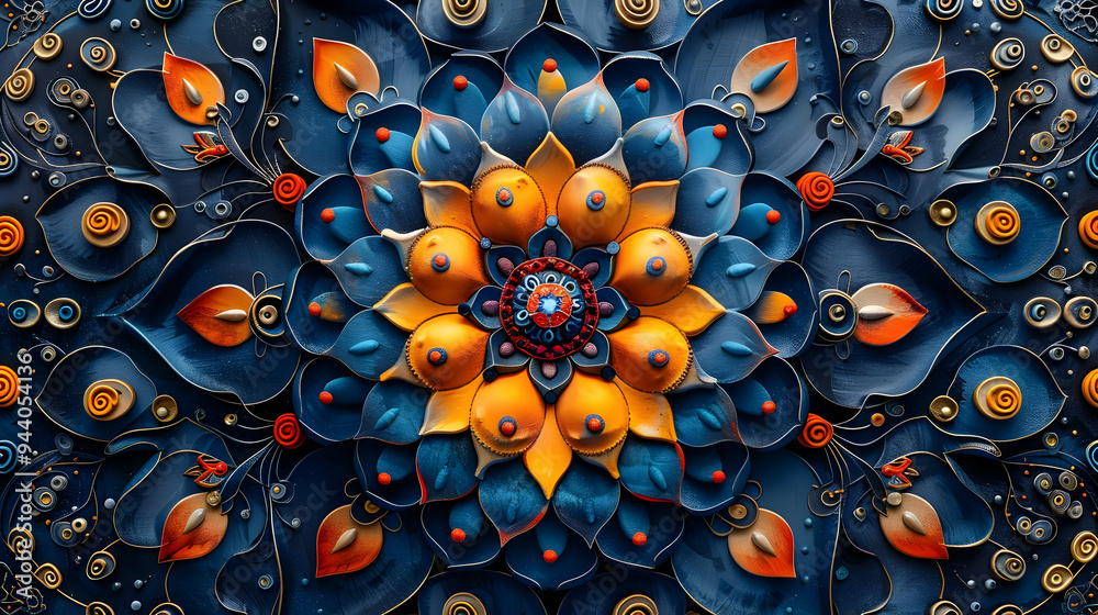 Abstract 3D Illustration of a Flower with Blue, Yellow, and Red Petals Abstract 3D Illustration of a Flower with Blue, Yellow, and Red Petals
