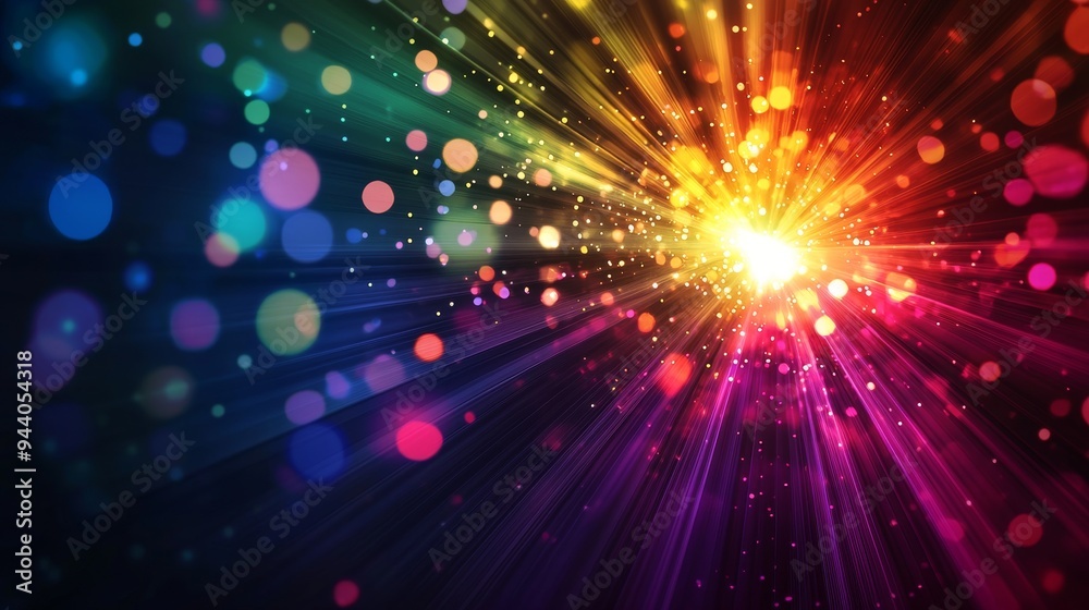 Dazzling light rays fanning out from a central source, rainbow colors, dramatic concert setting, vibrant and energetic Dazzling light rays fanning out from a central source, rainbow colors, dramatic concert setting, vibrant and energetic