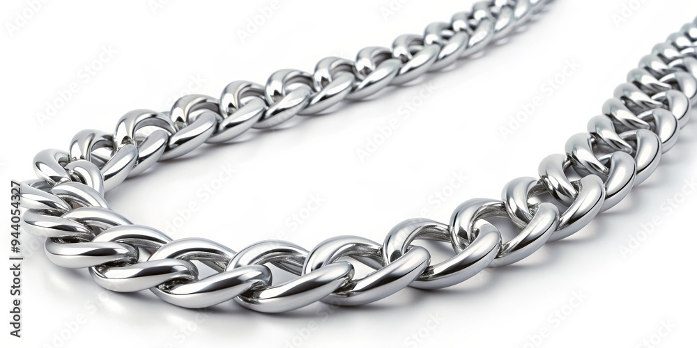 Silver Chain Links Close-Up Perspective, Isolated on White Background, High-Gloss Finish, Concept Strength and Connection Silver Chain Links Close-Up Perspective, Isolated on White Background, High-Gloss Finish, Concept Strength and Connection