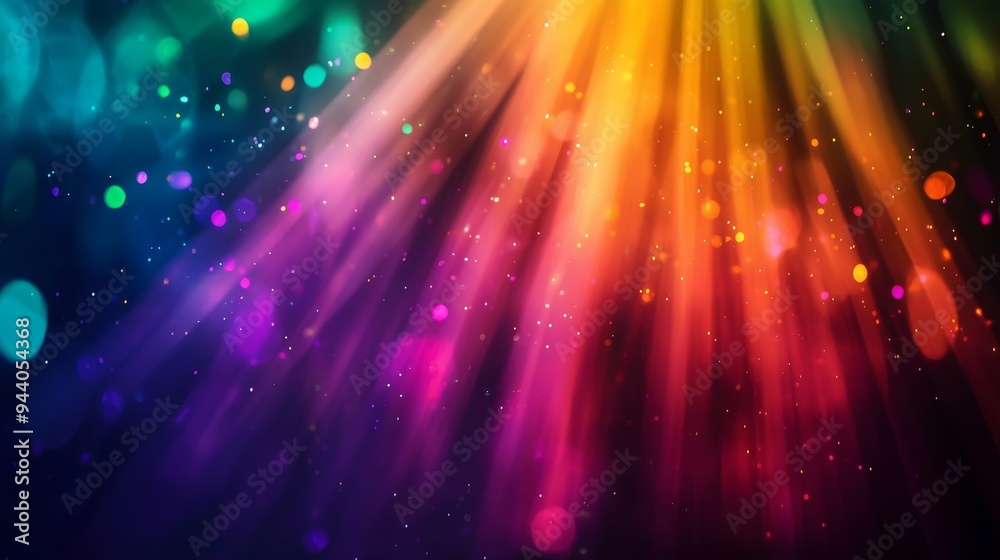 Dazzling light rays fanning out from a central source, rainbow colors, dramatic concert setting, vibrant and energetic Dazzling light rays fanning out from a central source, rainbow colors, dramatic concert setting, vibrant and energetic