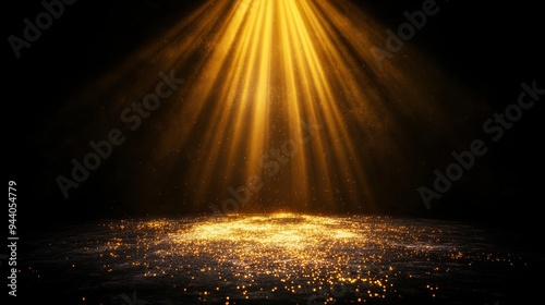 Golden spotlight illuminating a dark stage, soft beams spreading outwards, elegant and regal mood