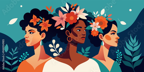 Three women with flowers in their hair stand together