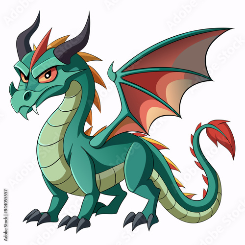Green Dragon with Spiked Horns, Red Wings, and Claws