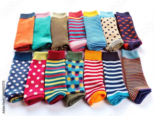 Colorful array of various socks, including striped, polka-dotted, and solid-colored, neatly folded and arranged on a white background, showcasing different patterns and textures. photo