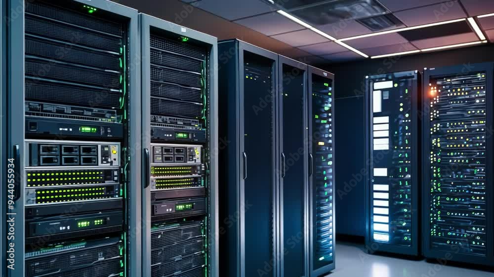 A high tech server room showcasing banks of servers, technology infrastructure, and digital connectivity with a vibrant lighting atmosphere A high tech server room showcasing banks of servers, technology infrastructure, and digital connectivity with a vibrant lighting atmosphere