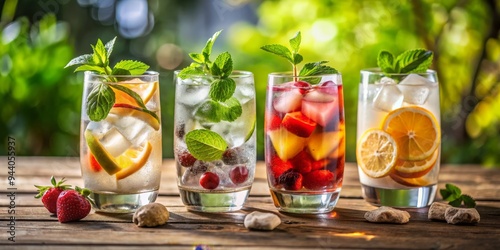 Summer Refreshment Four Fruit-Infused Drinks with Mint, Ice, and a Blurred Green Background on a Wooden Table