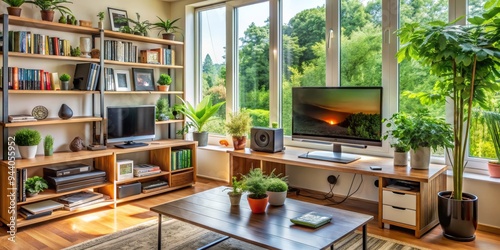 Sun-drenched Living Room with Bookshelf, Large Plant, and TV Showing Sunset - A Warm and Inviting Atmosphere