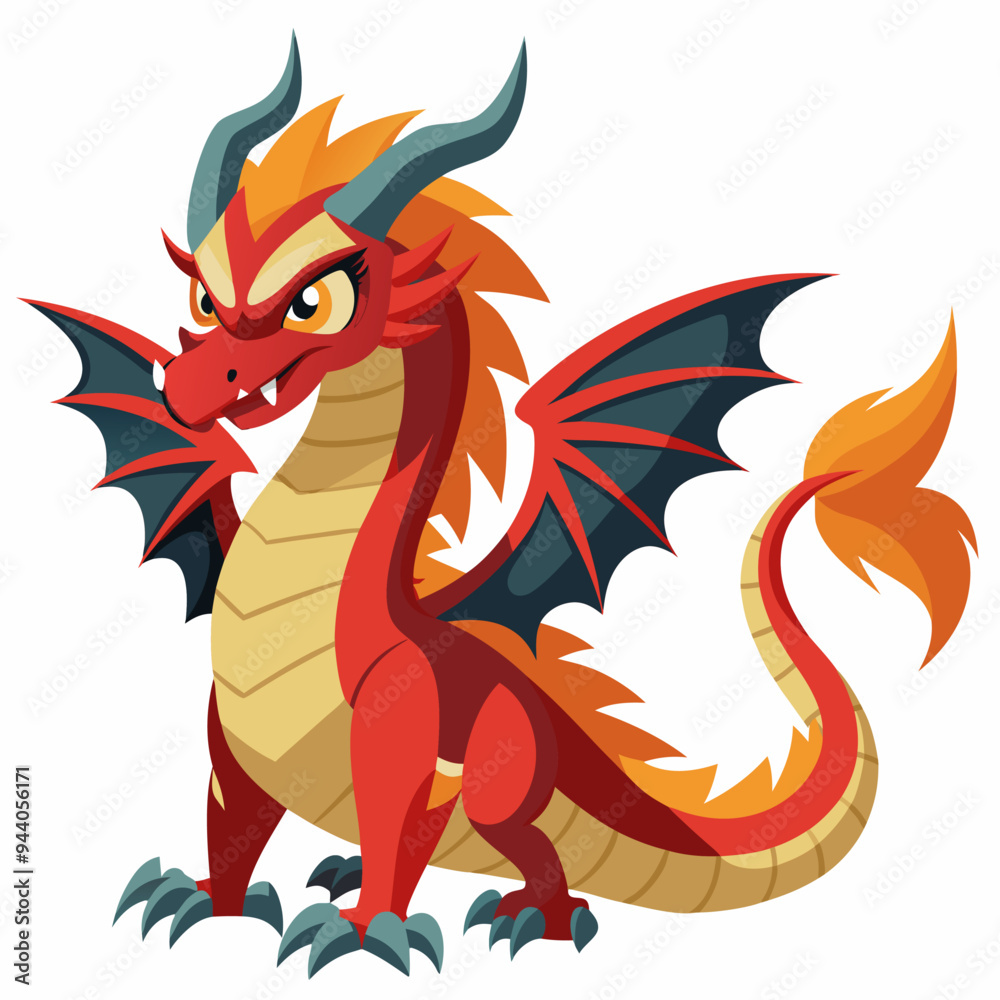 Naklejka premium Red Dragon with Spikes, Wings, and a Tail of Flame