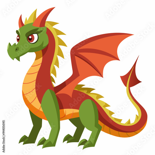 Cartoon Red and Green Dragon with Wings and Spikes