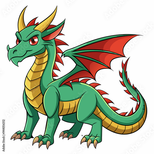 A cartoon green dragon with red wings, standing on a white background