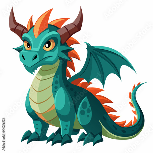 Cartoon Green Dragon with Orange Spikes and Brown Horns