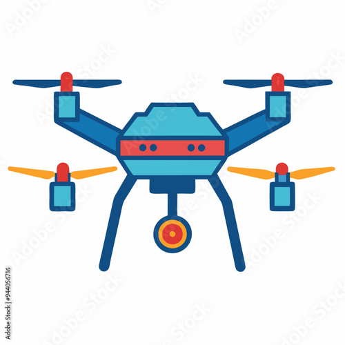 A cartoon illustration of a blue and red drone with four propellers