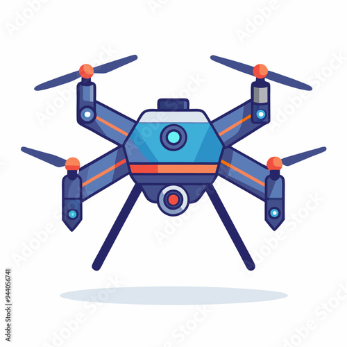 Blue and Orange Drone with Four Propellers and Two Cameras