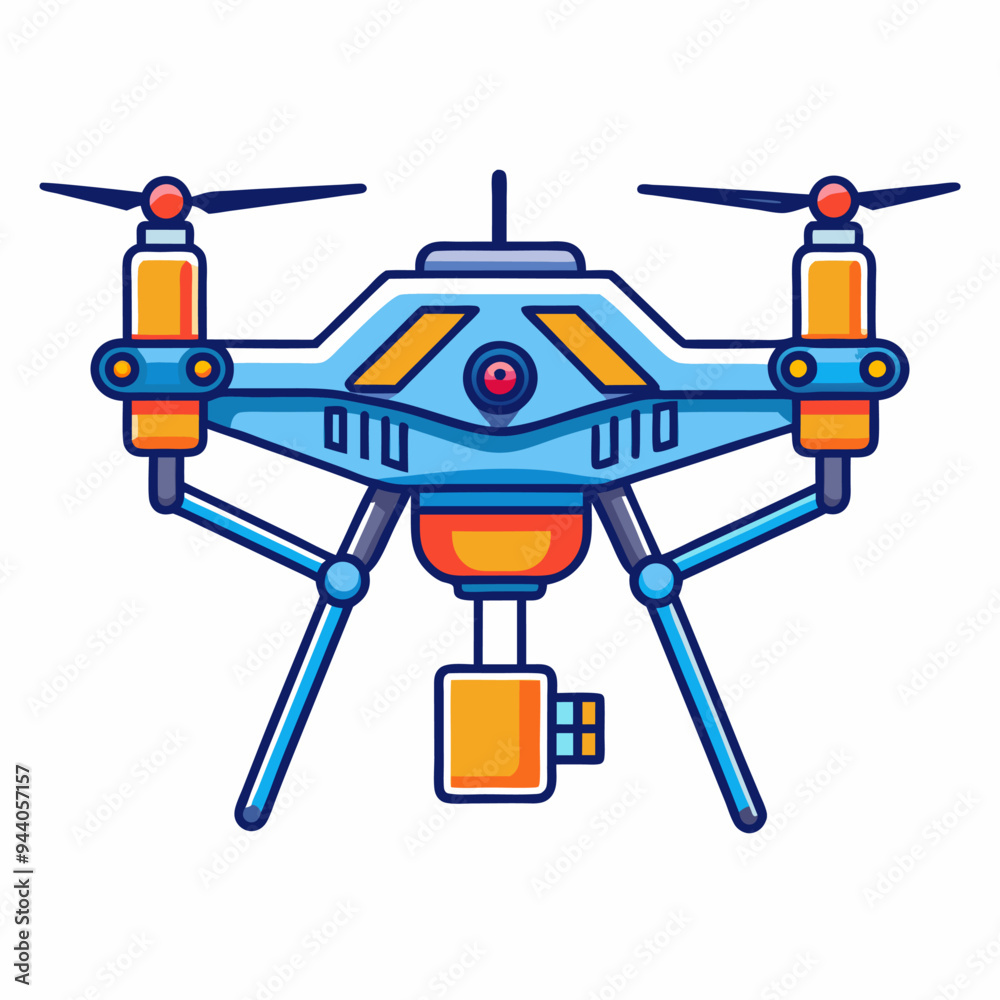 Cartoon illustration of a blue drone with four propellers Cartoon illustration of a blue drone with four propellers