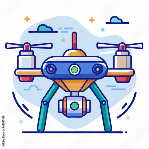 Cartoon illustration of a drone with propellers and a camera