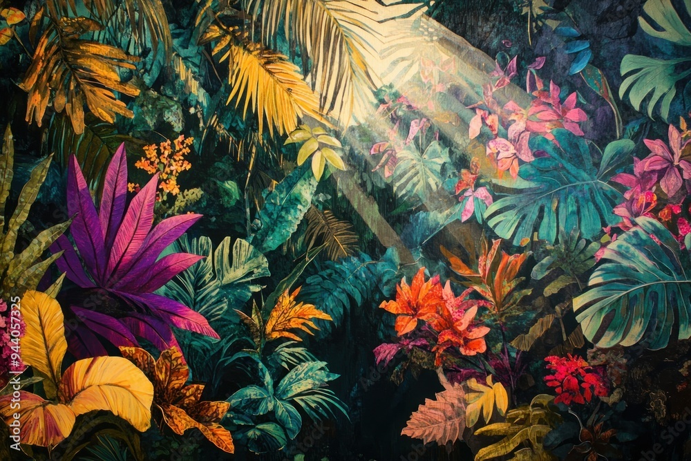 Watercolor Painting of Lush Tropical Foliage and Flowers Watercolor Painting of Lush Tropical Foliage and Flowers