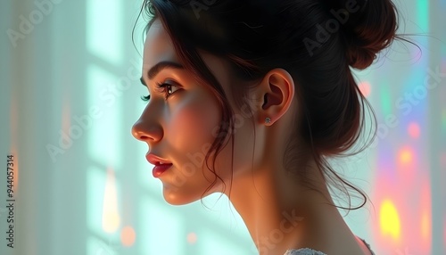 A young Asian woman with long dark hair in a side profile view, looking thoughtful or pensive
