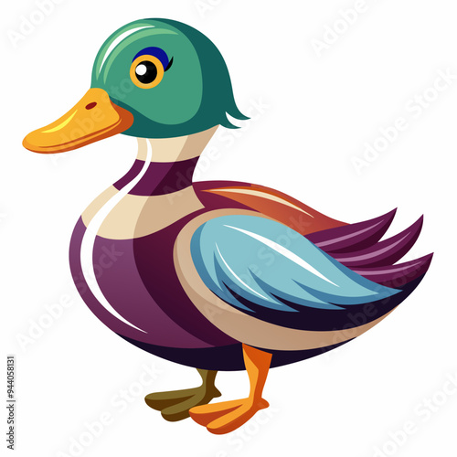 A Colorful Cartoon Duck with Purple and Blue Feathers
