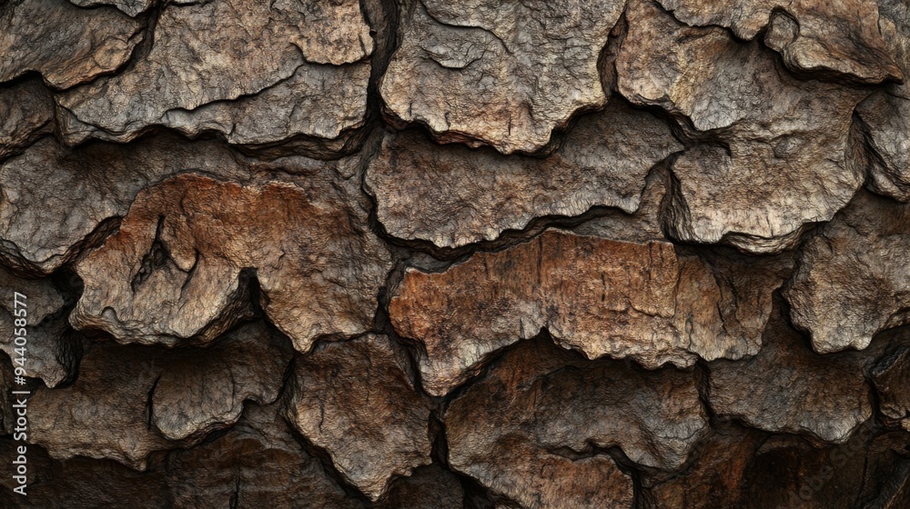 Close up view rugged texture of tree bark, ideal for nature themed design projects and backgrounds