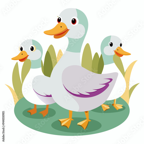 Three Cartoon Ducks in a Grassy Meadow