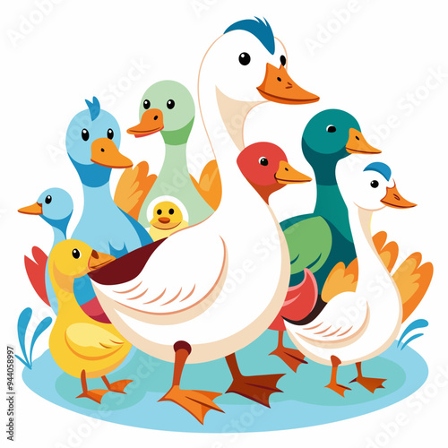 A Group of Ducks of Various Colors and Sizes