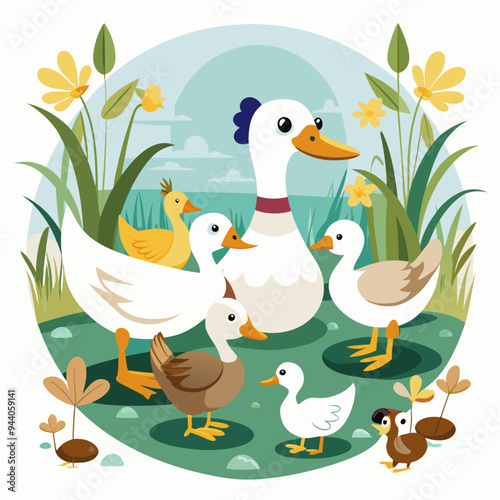 A Family of Ducks in a Green Meadow