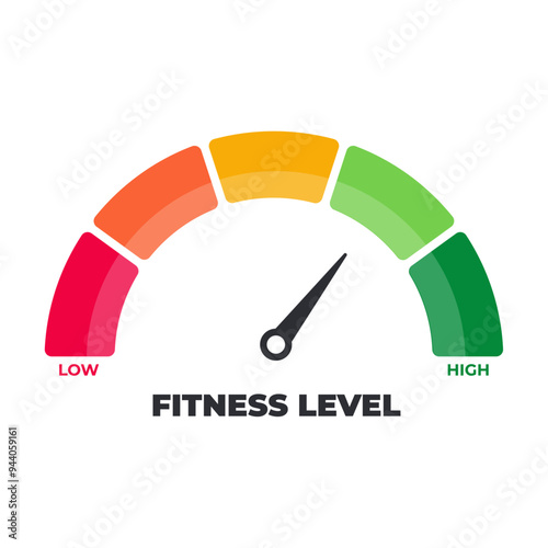 Fitness level meter. Infographic fitness with indicator. Weight measuring scale with underweight, normal, overweight, obese ranges. Vector flat illustration.