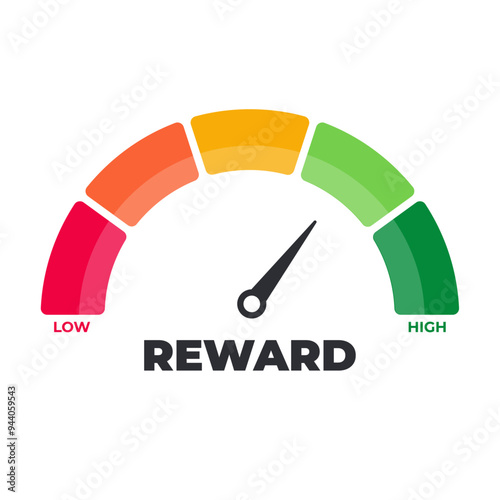 Reward Meter, measuring scale, speedometer, indicator. Low to High, From red to green level, Meter, Vector stock illustration, Risk vs Return, High risk high return business concept